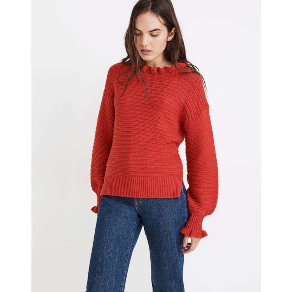 MADEWELL Ruffle-Neck Pullover Sweater in Cotton-Merino Yarn Kilt Red Small